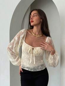 Aloruh 白色浪漫约会新款植绒长袖方领系带修身女式衬衫，秋冬款 - 白色 - 查看 8
