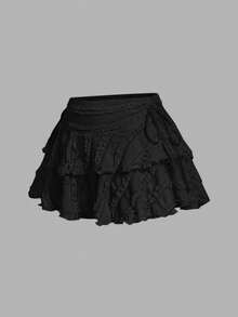 SHEIN MOD Drawstring And Fold Detail Solid Color Cake Skirt - Black - View 2