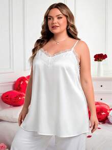 SHEIN CURVE+ 加大码/情人节/大码女式纯色撞色蕾丝吊带背心 - 白色 - 查看 5