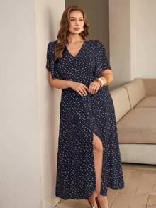 Roveilla Zanzea Plus Size Women's Navy Blue Polka Dot V-Neck Maxi Dress,Elegant Summer Vacation Puff Sleeve Hem Slit Button Decor Retro French Dress - Navy Blue - View 6