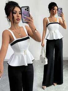 Selianne 2pcs Women's Contrast Color Camisole Top And Wide Leg Pants Set, Fitted Waist Attractive Women's Tank Top - Black and White - View 1