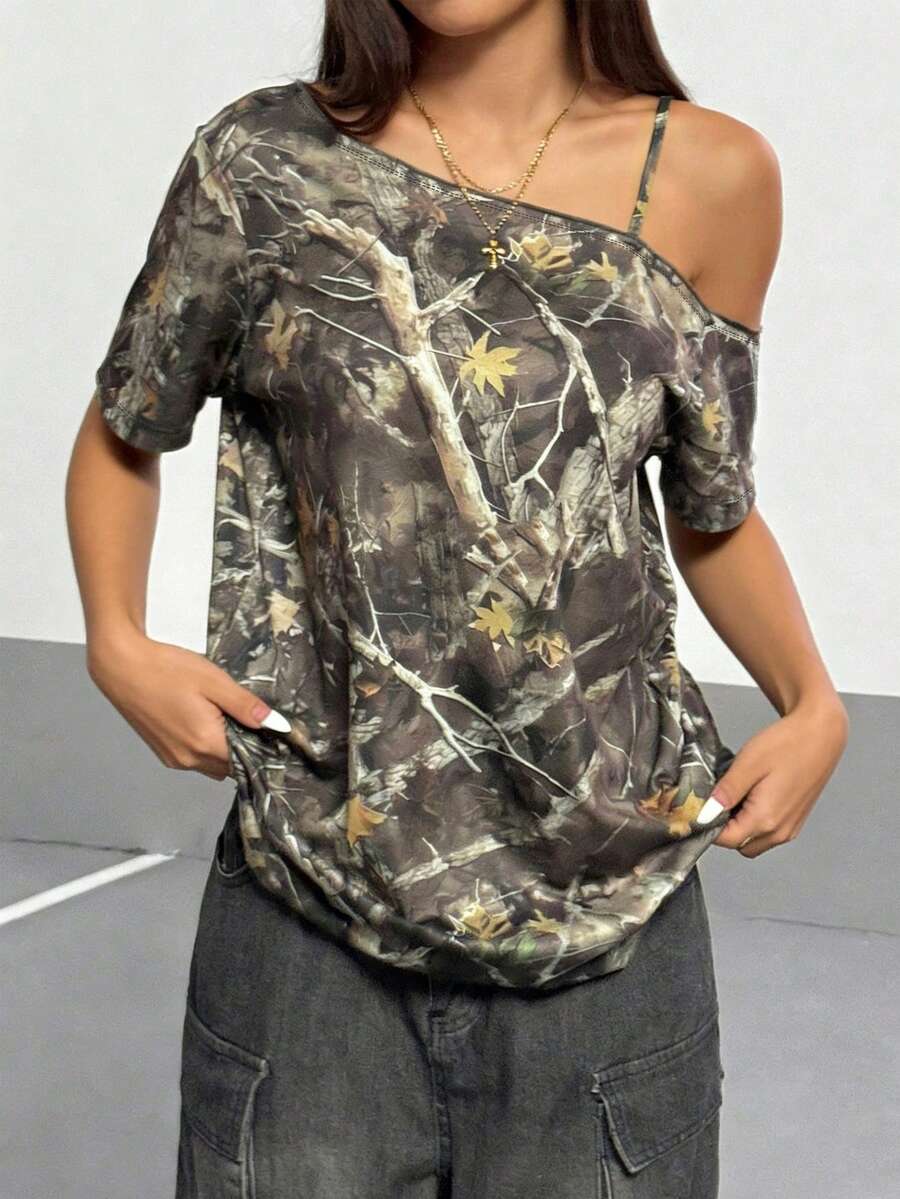 SHEIN HypeZone 女士休闲植物印花不对称肩部百搭日常及运动T恤 - 彩色 - 查看 1