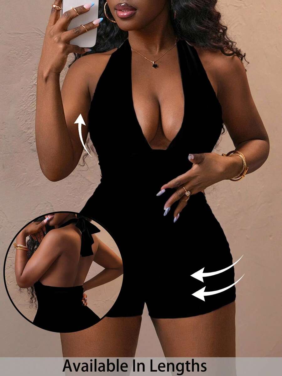 SHEIN PETITE CURVE 大码女士性感褶皱露背吊带连体裤，适合夏季户外穿着 - 黑色 - 查看 1
