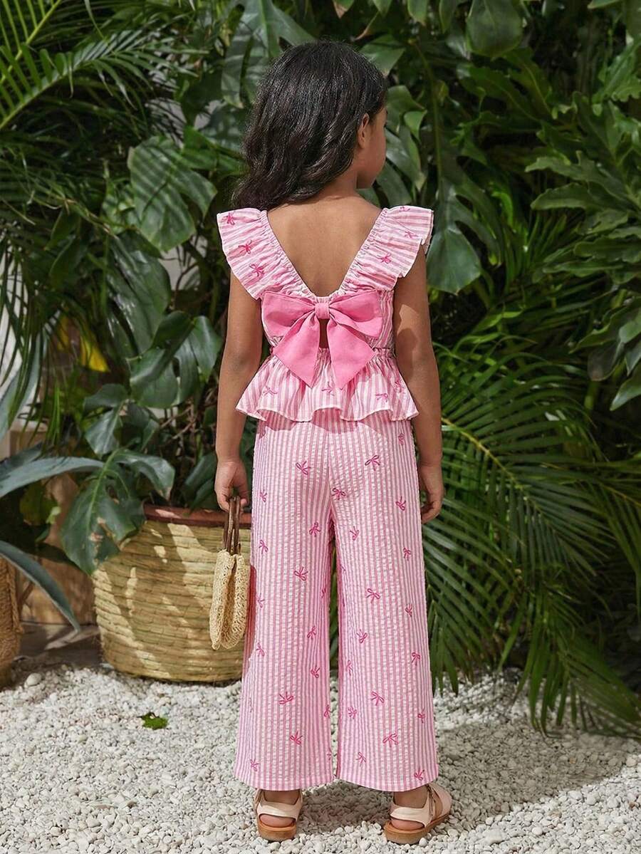 SHEIN Young Girl Summer Vacation Striped Bow Decor Ruffle Hem Top And Pants Set - Pink - View 1