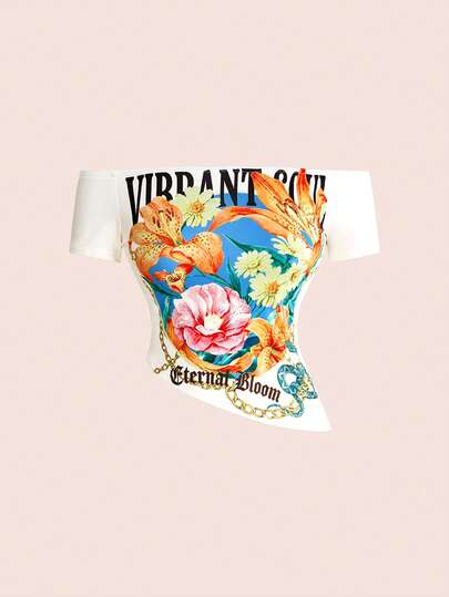 ROMWE Áo thun nữ phong cách nghỉ dưỡng cổ điển in hoa, trễ vai, vạt bất đối xứng