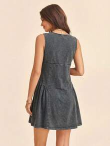 Coeurva Solid Color V-Neck Off-Shoulder Mini Knit Dress For Women, Summer Dresses Sleeveless Ladies Vacation Grey Casual - Dark Wash - View 5