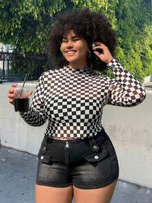 Muchica Plus Checker Print Lettuce Trim Crop Top Without Cami Top, Summer - Black and White - View 5