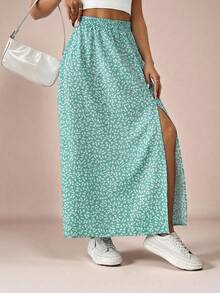 SHEIN VCAY Women's Allover Print Slit Design Casual Versatile Date Night & Outing Skirt - Green - View 5
