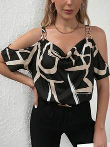 Clasi Blusa con estampado total, detalle de cadena en los hombros descubiertos, parte superior con hombros descubiertos - Negro - Ver 3