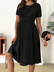 SHEIN Maternity Solid Color Round Neck Short Sleeve Twist Design Nursing Dress - Black - View 1