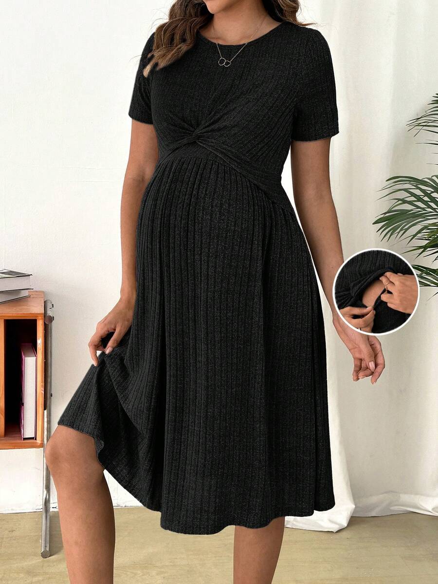 SHEIN Maternity Solid Color Round Neck Short Sleeve Twist Design Nursing Dress - Black - View 1