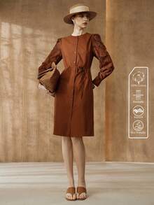 Arave Đầm nữ dáng ôm chữ X, tay phồng, thắt eo, kiểu dáng thường ngày, thích hợp đi làm. - Cà phê - Xem 3