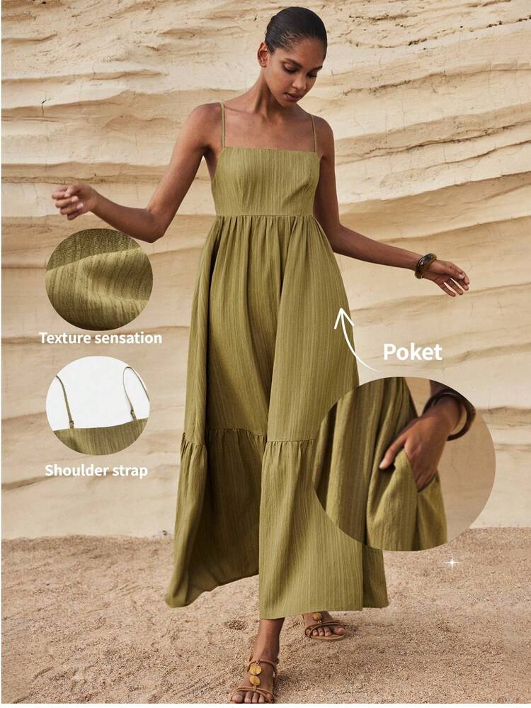 SHEIN Maija Women's Solid Color Ruffle Hem Spaghetti Strap Dress, Vacation