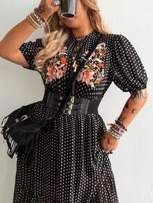 Whyspr Plus Size Polka Dot Embroidered Vacation Dress, Spring/Summer - Black - View 7