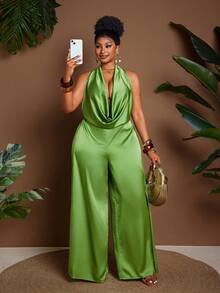 Maweii Bộ jumpsuit cỡ lớn gợi cảm và thanh lịch, hở vai, lưng trần, có nơ. - màu xanh lá - Xem 3