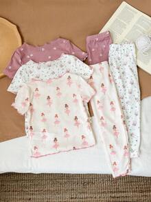 SHEIN LMoss Kids Conjunto de pijama infantil Dozemod para menina, com estampa fofa de urso de desenho animado e flores, blusa de manga curta com gola redonda e calça, 6 peças, casual e confortável, em malha. - Multicolorido - Ver 2