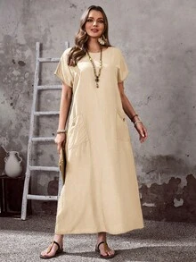 EMERY ROSE Plus Size Women's Summer Boho Vacation Holiday Khaki Dress,Round Neck Short Sleeve Loose Fit Flowy Long Dress With Pockets,Casual Solid Maxi Dress - Apricot - View 5