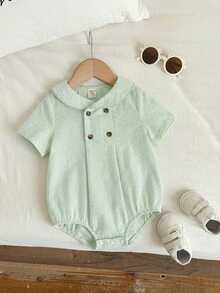 SHEIN Pelele de manga corta con cuello Peter Pan a rayas azul y blanco, estilo británico, para bebé recién nacido niño/niña, body de bebé, primavera/verano - Verde - Ver 3