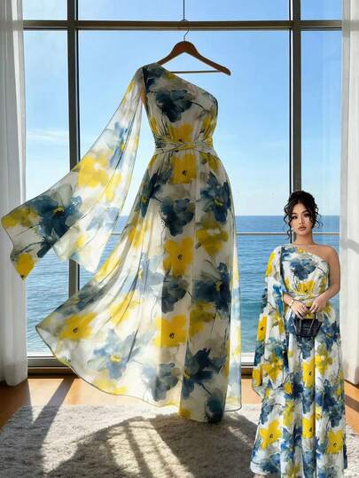 Elenzga Vestido maxi de talla grande sin mangas con cintura anudada, estampado de flores efecto tie-dye, elegante vestido de estilo francés para vacaciones de primavera/verano