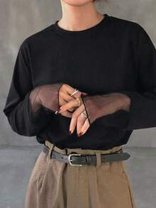 FRIFUL 纯色拼接薄纱波点网眼宽松休闲百搭T恤 - 黑色 - 查看 4