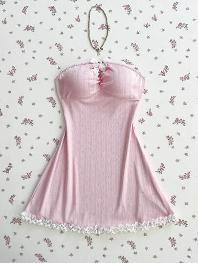 Elamini Đầm mini dáng chữ A màu hồng dệt kim jacquard phối ren trắng và nơ hoa, kiểu dáng ngọt ngào, dễ thương, lãng mạn, thanh lịch, cổ điển, đa năng dành cho nữ mùa hè.