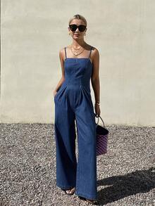 DAZY Women's Casual Striped Spaghetti Strap Wide Leg Denim Jumpsuit, Summer - Medium Wash - View 6