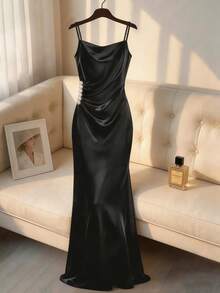 SHEIN Franclia Đầm dài xếp ly eo đính ngọc trai giả thanh lịch dành cho nữ, thích hợp cho các bữa tiệc và tiệc chiêu đãi mùa hè. - màu đen - Xem 1