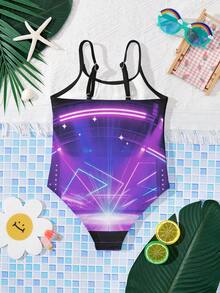 少女卡通风格，紫色韩流明星，卡通少女组合泳装，适合夏季的少女休闲简约吊带连体泳衣 - 彩色 - 查看 2