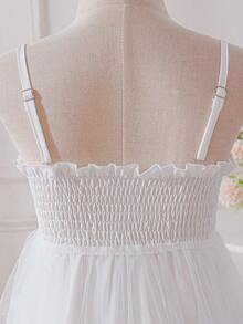 SHEIN Glamorique Kids 年轻女孩优雅端庄的白色无袖吊带收腰奢华可爱白色刺绣网纱蓬蓬裙正式礼服 - 白色 - 查看 4