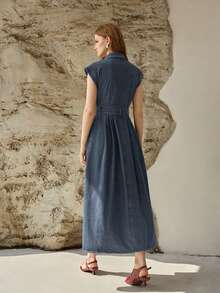 PREMIUM WOMEN'S CASUAL COMMUTER PLEATED WAIST DENIM DRESS, WITHOUT BELT, SPRING/SUMMER - Medium Wash - View 3
