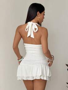 SHEIN PETITE Đầm ngắn ôm sát màu trắng cổ yếm xoắn, phụ kiện kim loại, trang trí vỏ sò, thích hợp cho kỳ nghỉ hè ở khu nghỉ dưỡng biển, trang phục mùa hè, đầm trắng dành cho nữ. - trắng - Xem 2