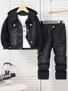 2pcs Young Boy Denim Set,Knit Contrast Patchwork Casual Fashion Outfit,Retro Black Stylish 2-Piece Set,Autumn,Career Day,Back-To-School,Loose Street - Black - View 1
