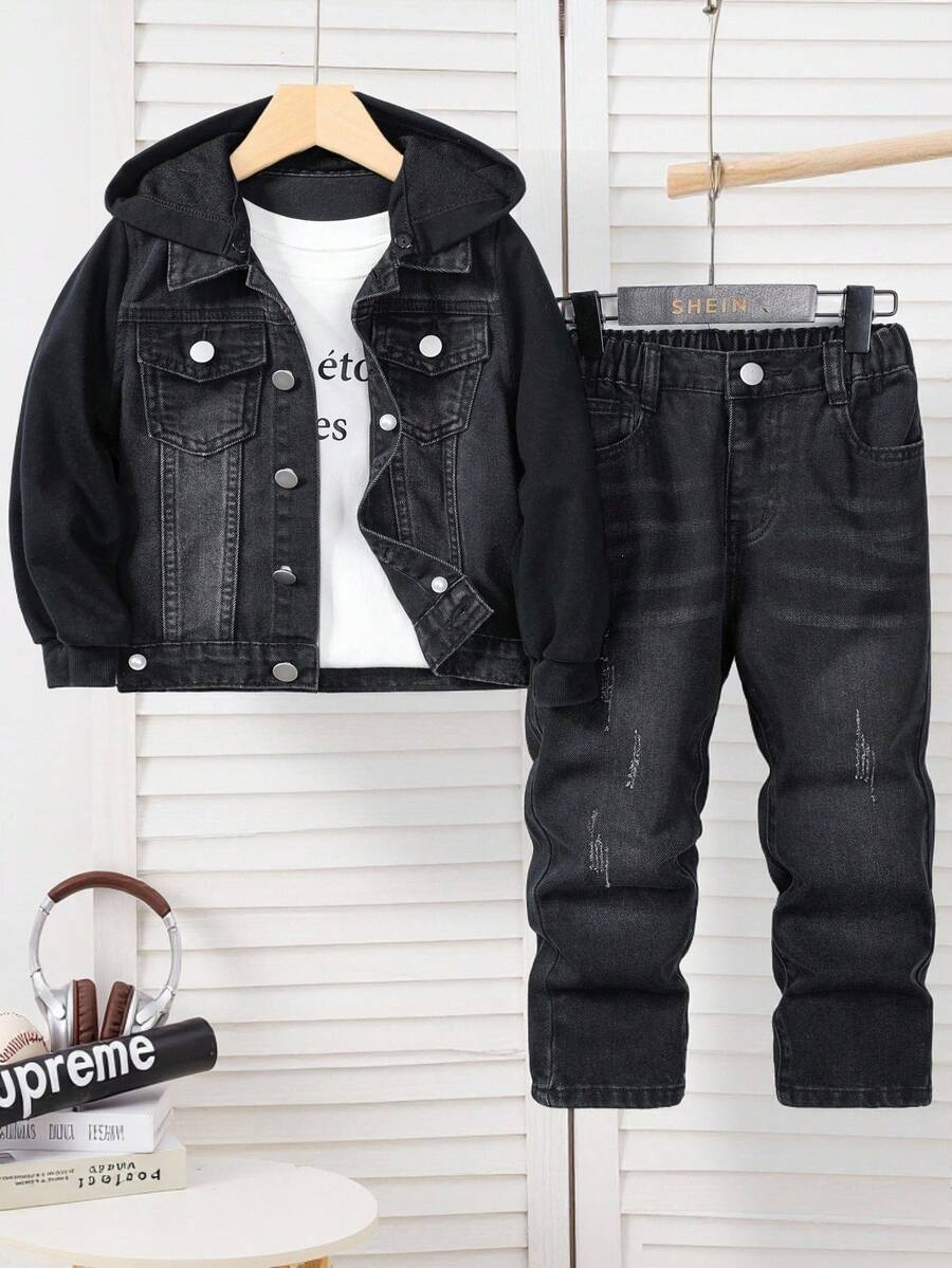 2pcs Young Boy Denim Set,Knit Contrast Patchwork Casual Fashion Outfit,Retro Black Stylish 2-Piece Set,Autumn,Career Day,Back-To-School,Loose Street - Black - View 1