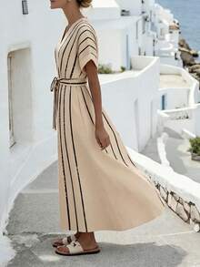 SHEIN Holidaya Vestido de mujer de manga larga y corta con cuello en V a contraste, decoración con lazo en la cintura, vestido casual holgado, vestido elegante para vacaciones, adecuado para primavera y verano - Caqui - Ver 3