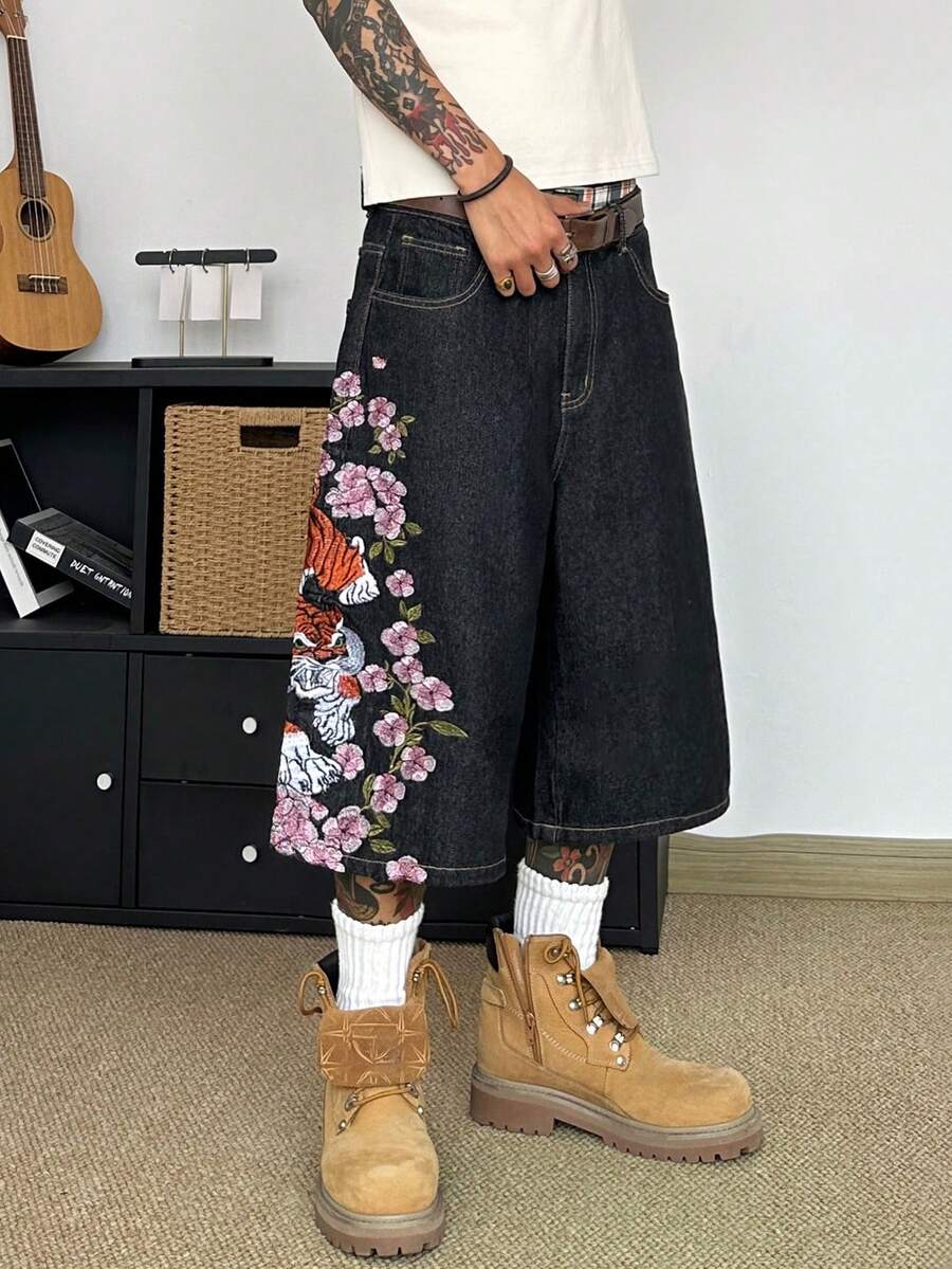 STEELVANCE 复古街头风时尚百搭老虎刺绣设计宽松直筒休闲牛仔短裤，夏季必备 - 黑色 - 查看 1