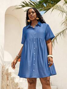 EMERY ROSE Zanzea Plus Size Women's Light Blue Solid Color Casual Single-Breasted Short Sleeve Dress, Boho Summer Vacation Holiday Beach Formal Outfits Country - Blue - View 4