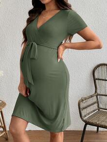 SHEIN 孕妇纯色腰带哺乳连衣裙 - 軍綠色 - 查看 7