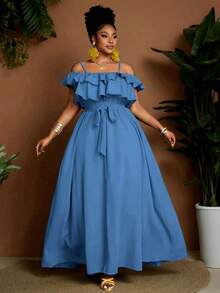 Maweii Plus Size Women Vacation Solid Color Ruffle Off Shoulder Elegant Dress - Blue - View 3