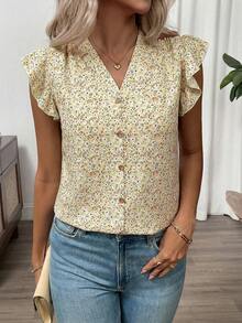 SHEIN Clasi 女士度假风花卉荷叶边短袖衬衫 - 黃色 - 查看 3