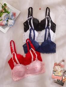 SHEIN 5pcs/Set Bra Wanita Seksi untuk Harian dengan Motif Renda dan Tali Bahu yang Dapat Diatur - MultiWarna - View 3