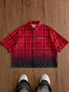 Manfinity Unisex Men's Plaid Placement Print Rhinestone Embellished Short Sleeve Shirt, Spring/Summer - Red - View 2