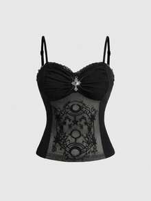 ROMWE Gothic Cross Pendant Romantic Lace Patchwork Sun Moon Star Print Bodycon Top, Plus Size Camisole Top - Black - View 5