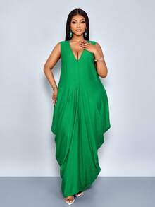 SOLERSUN Vestido midi plisado de envoltura holgada con cuello en V profundo sin mangas de lino de algodón sintético de unicolor para mujeres de talla grande. Un vestido versátil y elegante, adecuado para el uso diario, vacaciones en la playa, el Día de San Patricio, Pascua, festivales de música, fiestas, citas, temporada de bodas, estilo callejero, estilo bohemio, noble y elegante, moderno. - Verde - Ver 4
