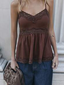 Nöista Camiseta de verano, camiseta de tirantes con encaje color chocolate, silueta en línea A, mezcla cómoda y ajustada de algodón y lino, estilo romántico y femenino, opción versátil y elegante para usar sola o en capas debajo de una chaqueta. Atuendos de vacaciones para mujeres. - Café integral - Ver 3