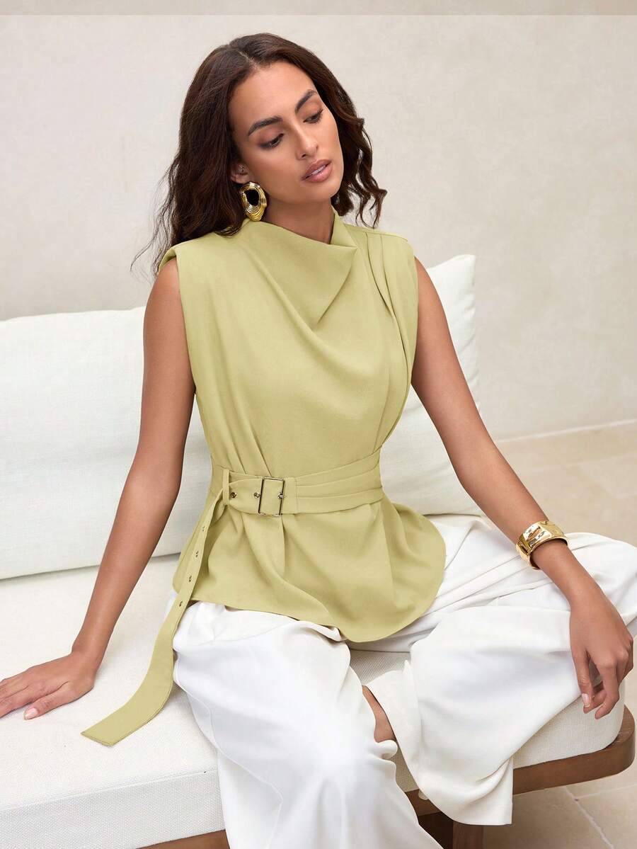 Aveloria Modichic Áo kiểu nữ cổ cao, vai lệch, nhún bèo, không tay, eo điều chỉnh được, màu vàng mù tạt. - Vàng nhạt - Xem 1