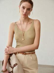 MOTF PREMIUM WOMEN'S SOLID COLOR V-NECK RIBBED KNIT TOP - Gold - View 6
