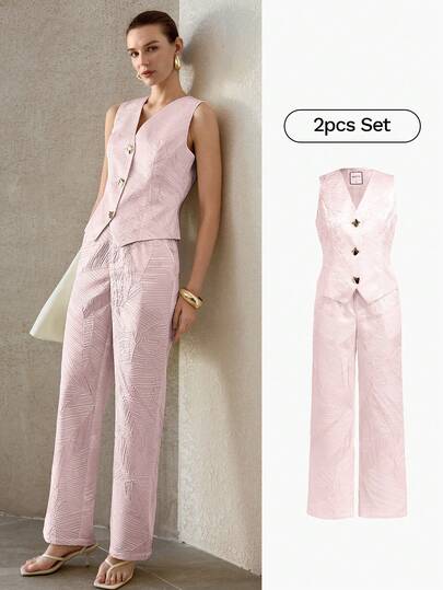 MOTF PREMIUM Bộ đồ hai mảnh dành cho nữ: áo vest không tay cổ chữ V bằng chất liệu ánh kim, gồm áo vest và quần.