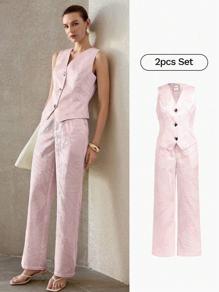 WOMEN'S TEXTURED METALLIC V-NECK SLEEVELESS VEST & PANTS TWO PIECES SET