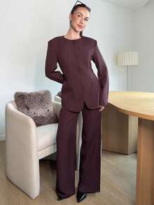 Abrilcols Setelan Blazer dan Celana Panjang Wanita Minimalis Warna Polos 2 Potong, Cocok untuk Kantor/Perjalanan, Musim Gugur, Pakaian Musim Gugur untuk Wanita - Burgundy - View 3
