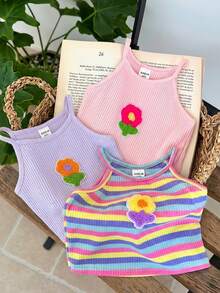 SHEIN LMoss Kids Bộ 3 áo len dệt kim màu trơn họa tiết hoa 3D kẻ sọc cho bé gái - Nhiều màu - Xem 3